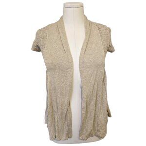 Vintage Y2K Short Sleeve Cardigan Smocked Cute Beige Boho Flowy School Sz M